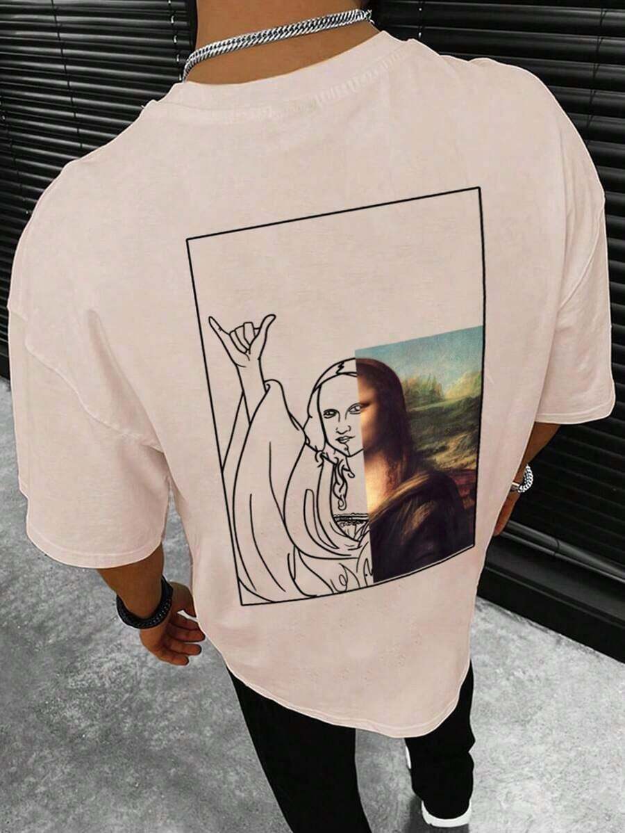 Manfinity Men's Casual Graphic Print T-Shirt, Drop Shoulders, Plus Size - 白色 - 查看 1