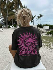 Sun And Palm Tree Print Vintage Style Casual Graphic Tee, Oversized Women's Crew Neck, Regular Fit Summer Top For Women - 黑色 - 查看 3
