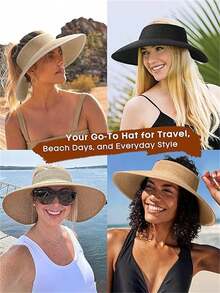 1pc Adjustable Solid Color Wide Brim Rolled Brim Sun Hat For Women, Fashion Summer Sunshade - Multicolor - View 3