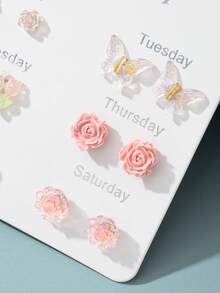 6 Pairs Elegant Multi-Color Resin Flower Earrings Set, Fashionable Jewelry Suitable For Vacation, Outing, Photo Shoot, Casual Wear - Multicolor - View 4