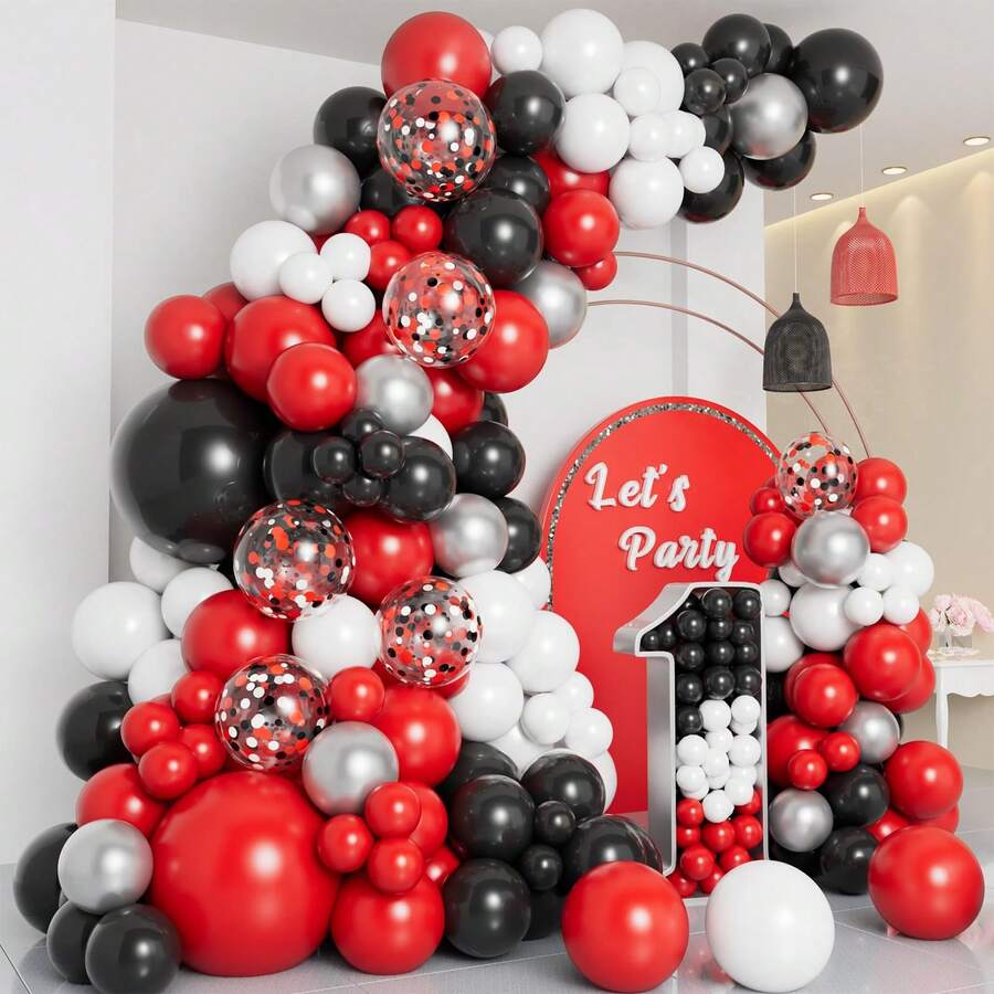 96pcs Red Black White Balloon Garland Arch Kit, Assorted Sizes Red Black White Silver Multicolor Balloons, Suitable For Boys Girls Children Shower Birthday New Year Graduation Wedding Racing Poker Party Decoration - Multicolor - View 1