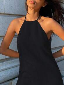 Vestido mini minimalista de mujer de unicolor, con cuello halter, para fiestas y viajes - Negro - Ver 4