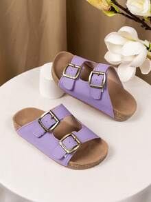 1 Pasang Sandal Anak Ungu Modis, Sandal Sol Lembut Baru, Sandal Warna-warni Blok, Cocok untuk Santai, Liburan, Pesta, Sandal Gesper Logam Jahitan Bergaya - Purple - View 4