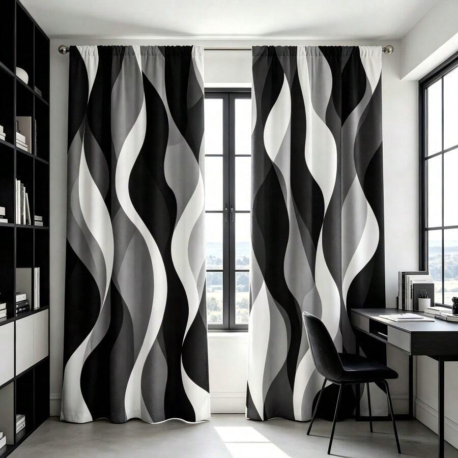 2pcs Modern Abstract Curtains, Featuring Black, White And Grey Gradient Stripe Design. 2D Flat Print, Lightweight Fabric Filters Light, Minimalist Geometric Pattern Suitable For Living Room And Bedroom - Multicolor - View 1