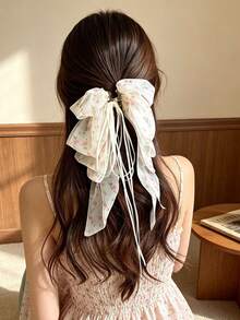 1pc Bowknot Long Ribbon Floral Bowknot Ponytail Claw Clip, Elegant Hair Accessory For Half-Up Hairstyle - Multicolor - View 3