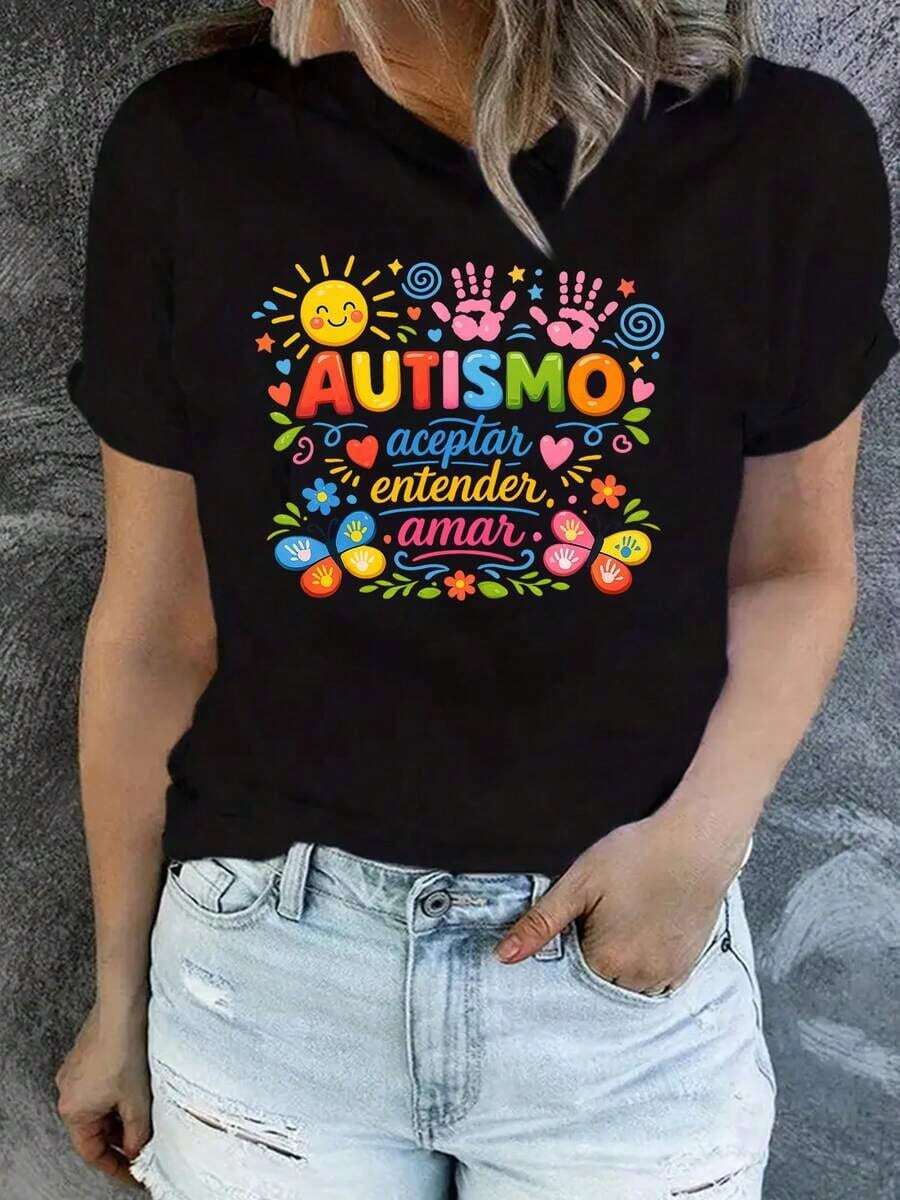 AUTISM Accept, Understand, Love Women's T-Shirt With Autism Care Theme In Spanish, Sun Palm Print, Decorative Slogan, Casual, Short Sleeve, Rainbow, Solidarity Style, Clothing For Care Activities - 黑色 - 查看 1