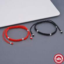 1pc/Bag 925 Sterling Silver Heart-Shaped Bracelet, Handmade Adjustable Black/Red Heart Bracelet, Birthday Gift, Suitable For Daily Wear And Festivals - Silver - View 2