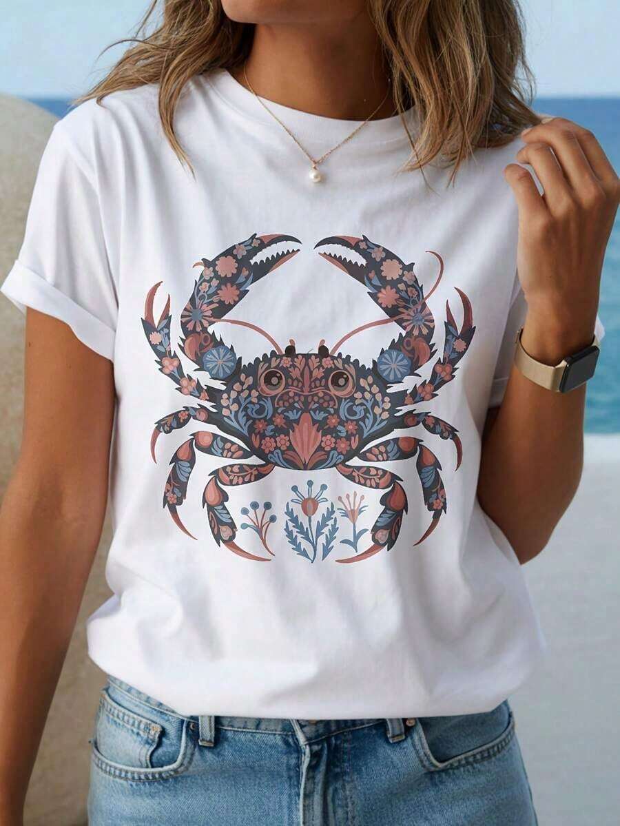 Flower Crab - A Must-Have New Product For Summer - Suitable For Spring And Summer - Comfortable Casual T-Shirt For Women With Round Neck For Spring And Summer - Soft Touch, Ideal Gift For All Occasions - Casual T-Shirts 2026 - White Top - Summer Tops For Women - New Summer Outfits For Women 2026 - Washable T-Shirt For Women - 白色 1 - 查看 1