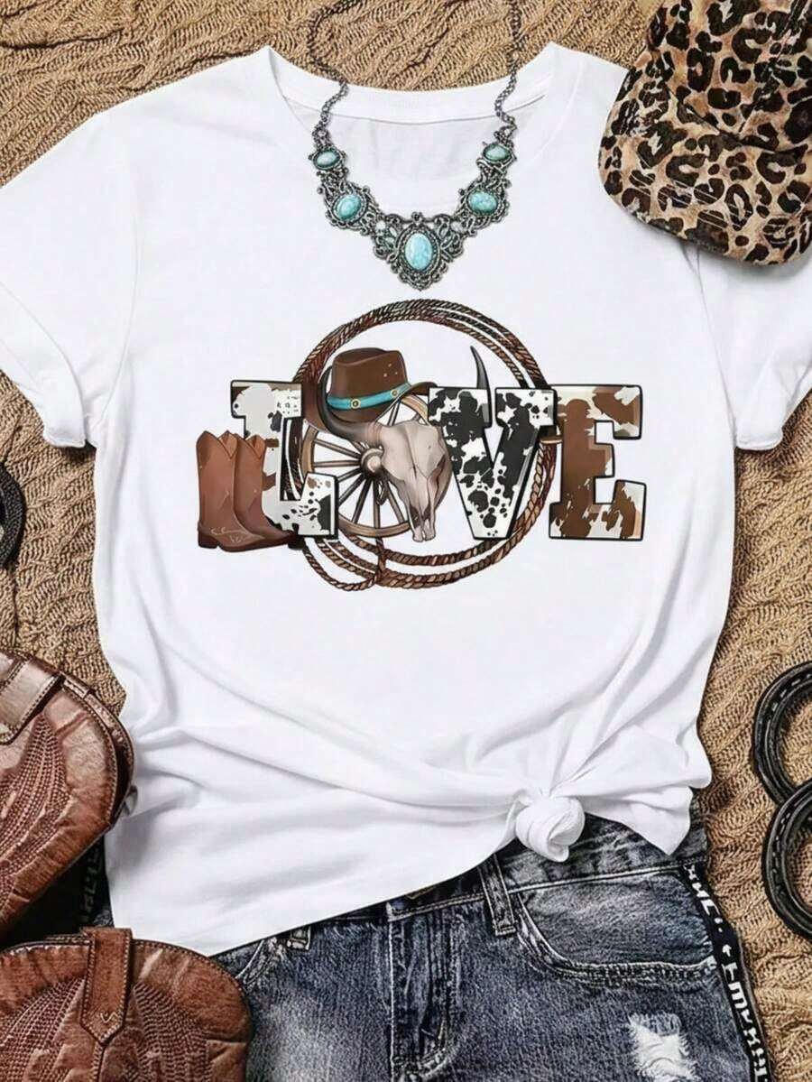 Women's Casual Denim-Style T-Shirt With LOVE Letter Print And Western Elements, Soft Fabric, Loose Fit, Round Neck, Short Sleeves For Spring/Summer Outdoor Parties. Unisex (Retro Style, Fresh And Fresh, Regardless Of Gender) - 白色的 - 查看 1