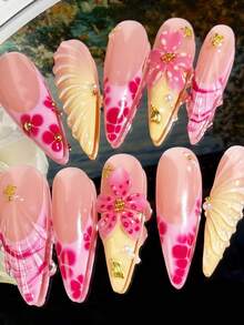 10pcs Handmade 3D Flower Nail Stickers, Summer Seashell, Starfish, Pearl Nail Art Decals For Women & Girls, Daily Wear - Multicolor - View 3