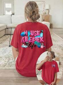 GiftGiftGift [Double-Sided Print] Women's Camisole, Casual Short-Sleeved Round-Neck Top With Pink "HUSE KEEPER" Print And Cleaning Tool, Machine Washable, Suitable For Casual Wear, Multi-Purpose Clothing, Fashionable And  Camisole, Comfortable Material, For Style Enthusiasts, Soft. - 紅色的 - 查看 6
