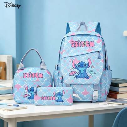 Disney Stitch süße sitzende Pose Cartoon Muster frisch hellblauer Rucksack 3-teiliges Set, mit isolierter Tasche und Stifteetui, geeignet für tägliche Organisation, Arbeit und Studium Mehrzweck-Rucksack