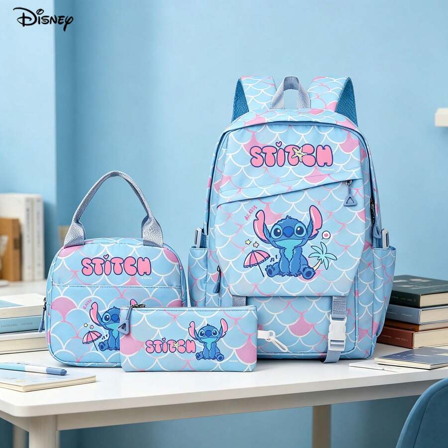 Bộ 3 món ba lô Disney Stitch hình Stitch ngồi dễ thương, màu xanh nhạt tươi mát, gồm túi giữ nhiệt và hộp đựng bút chì, phù hợp để sắp xếp đồ dùng hàng ngày, đi làm và học tập. - màu 1 - Xem 1
