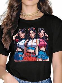 Women's Demon Graphic Tee - Anime T-Shirt With ID Designs, Heavyweight 180gsm Fabric, Regular Fit, Crew Neck, Casual Streetwear For K-Pop Fans, Ladies' T-Shirts, Machine Washable Clothing, Medium Stretch Fabric, Pop Culture Fashion, Breathable Fabric, Short Sleeve T-Shirt - 黑色 - 查看 1