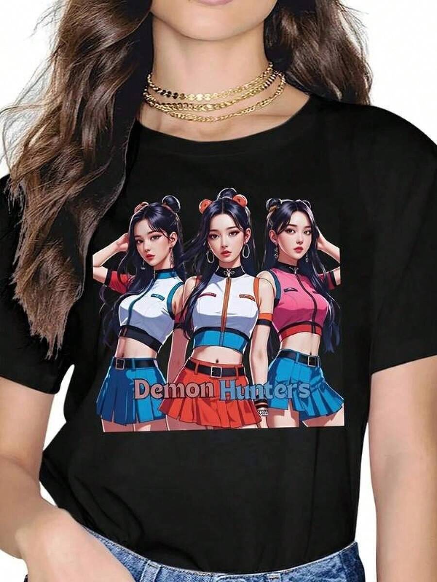 Women's Demon Graphic Tee - Anime T-Shirt With ID Designs, Heavyweight 180gsm Fabric, Regular Fit, Crew Neck, Casual Streetwear For K-Pop Fans, Ladies' T-Shirts, Machine Washable Clothing, Medium Stretch Fabric, Pop Culture Fashion, Breathable Fabric, Short Sleeve T-Shirt - 黑色 - 查看 1