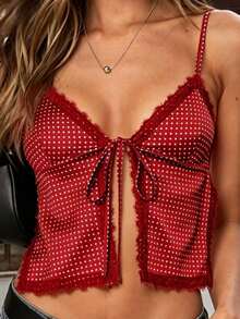 Coquette Polka Dot Tie Front Cami Top Women Lace Trim Going Out Tops - Đỏ - Xem 2