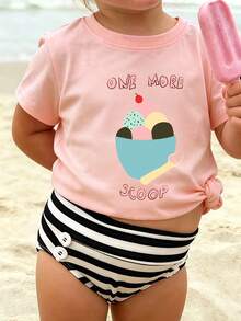 1pc Baby & Toddler Girls Creative Cartoon Ice Cream Print Basic Crew Neck Short Sleeve T-Shirt, Casual & Fashionable - Pink - View 2