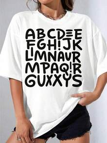Women's Black And White T-Shirt, Oversized T-Shirt With White Alphabet Print, Casual Urban Fashion Top For Women, Summer Graphic T-Shirt, Casual Printed T-Shirt For Outdoor Parties - 白色 - 查看 1