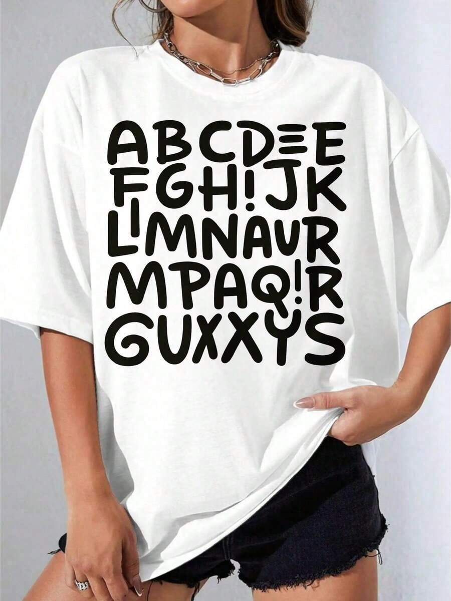 Women's Black And White T-Shirt, Oversized T-Shirt With White Alphabet Print, Casual Urban Fashion Top For Women, Summer Graphic T-Shirt, Casual Printed T-Shirt For Outdoor Parties - 白色 - 查看 1