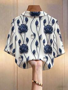 Blusa casual holgada de manga corta con cuello y estampado floral para mujer - Café integral - Ver 7