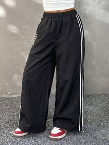 1pc Loose Fit Cargo Straight Leg Pants With Pockets, White Line Trim, Casual Outdoor/Indoor Sports Style For Girls 4-7 Years Old, Spring/Summer/Autumn - Black - View 4