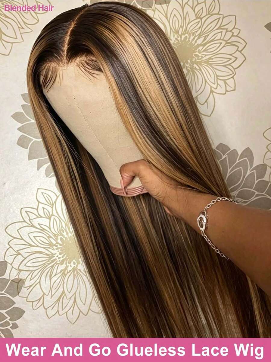 34 Inch 200% Density 13*4 Long Straight HD Transparent Lace Frontal Wigs Highlight P4/27 5*5 Wear And Go Pre Cutting Pre Plucked Glueless Lace Front Wigs Ear To Ear Pre Plucked Brazilian Remy Middle Part Wig Human Frontal Hair Weaves Wig Blended Hair