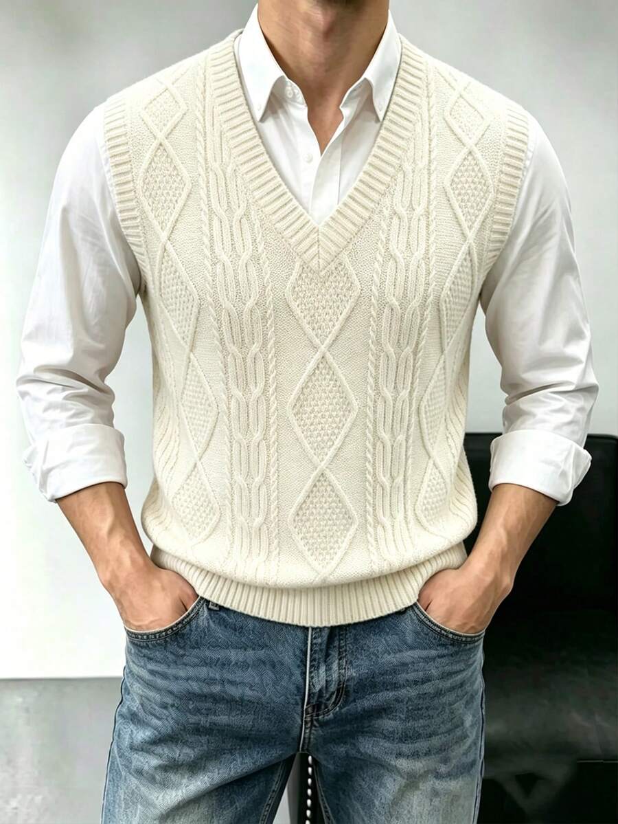 Men's V-Neck Knit Vest Sweater, Solid Color, Casual Daily Wear, Commuting - Apricot - View 1