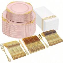 300 piezas de platos de plástico rosa y dorado, juego de vajilla desechable rosa para 50 invitados: 100 platos, 50 cuchillos, 50 tenedores, 50 cucharas y 50 servilletas para bodas, aniversarios y fiestas. - Rosa y oro - Ver 2