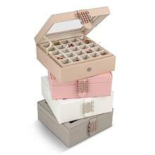 Glenor Co Organizador de pendientes - Caja/estuche/soporte clásico de 50 compartimientos para pendientes, anillos, collares, joyería, brazaletes o colecciones - 2 capas con pequeños compartimentos y - parte superior de vidrio rosa suave - Ver 6
