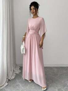Vestido midi asimétrico con cintura elástica, cuello redondo, hebilla metálica en la cintura y falda acampanada, en color rosa sólido, para mujer, ideal para primavera/verano, ocasiones casuales, de vacaciones, tardes de té, San Valentín, bodas y fiestas, con estilo romántico francés y elegante de Sicilia - Granada - Ver 11