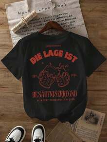 Vintage-T-Shirt mit Bieraufdruck "Excited Situation", Vorder- und Rückseite bedruckt, lässiges Kurzarmtop mit Rundhalsausschnitt, perfekt für Frühlingsoutfits - Schwarz - Übersicht 2