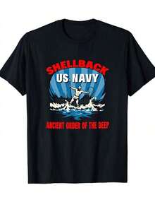 Men's US Navy Shellback T-Shirt With "Ancient Order Of The Deep" Motto - Official Navy Insignia And Shellback Logo,  Emblem For Military Veterans, Casual Short Sleeve Crew Neck T-Shirt For Naval Service Members And Veterans, 100% Cotton. - Black - View 1