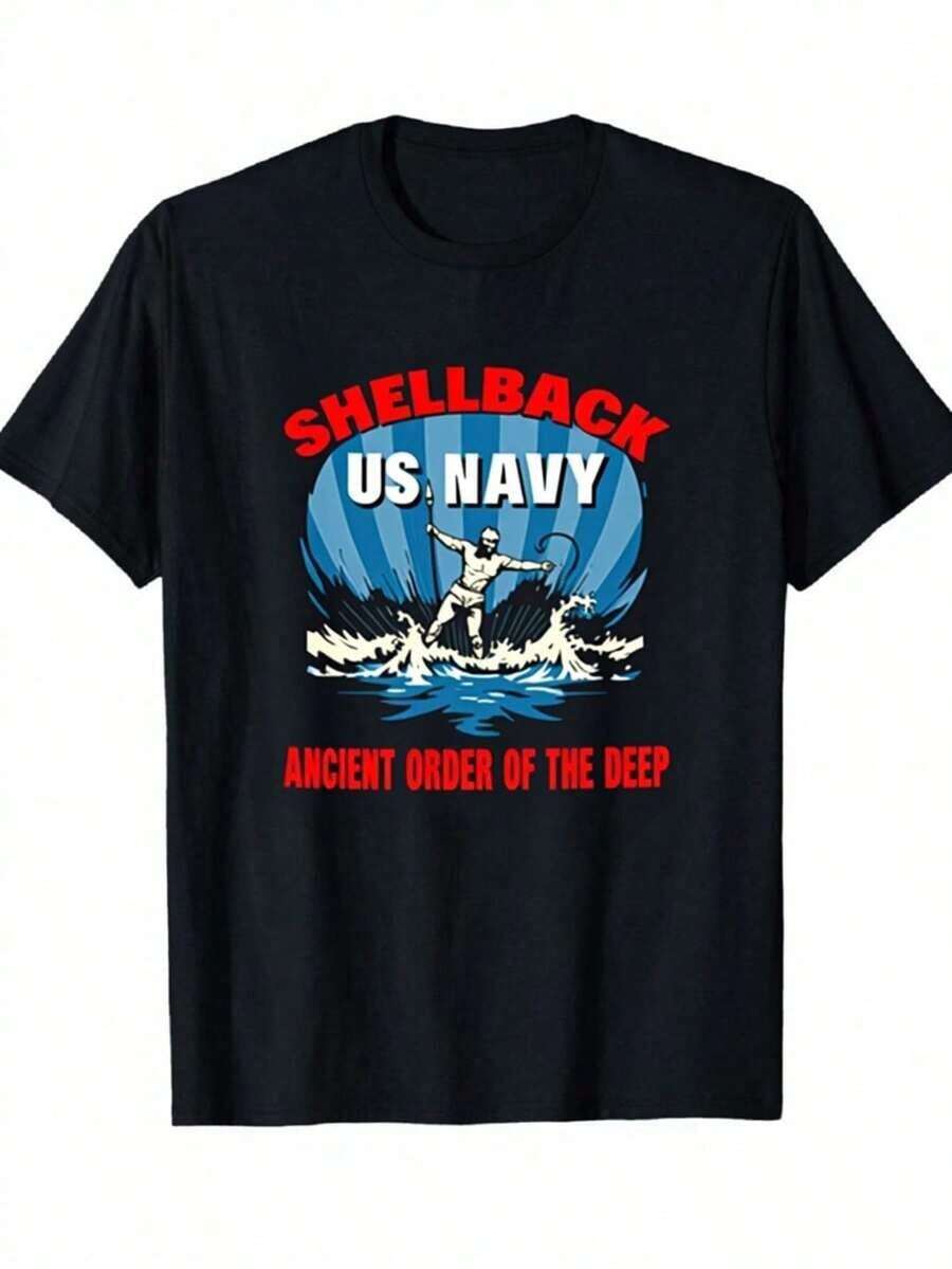 Men's US Navy Shellback T-Shirt With "Ancient Order Of The Deep" Motto - Official Navy Insignia And Shellback Logo,  Emblem For Military Veterans, Casual Short Sleeve Crew Neck T-Shirt For Naval Service Members And Veterans, 100% Cotton. - Black - View 1