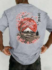 The Hottest Item Of The Summer: Men's Short-Sleeved Crew Neck T-Shirt With Embroidered Sakura And Mountain Print, Minimalist Summer Fashion. | Basic Casual Urban Style T-Shirt, Boyfriend Gift, Stylish, Popular, Party T-Shirt. - 灰色 - 查看 1