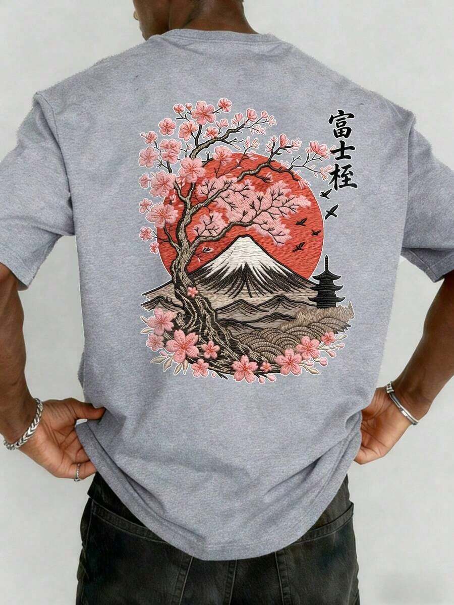 The Hottest Item Of The Summer: Men's Short-Sleeved Crew Neck T-Shirt With Embroidered Sakura And Mountain Print, Minimalist Summer Fashion. | Basic Casual Urban Style T-Shirt, Boyfriend Gift, Stylish, Popular, Party T-Shirt. - 灰色 - 查看 1