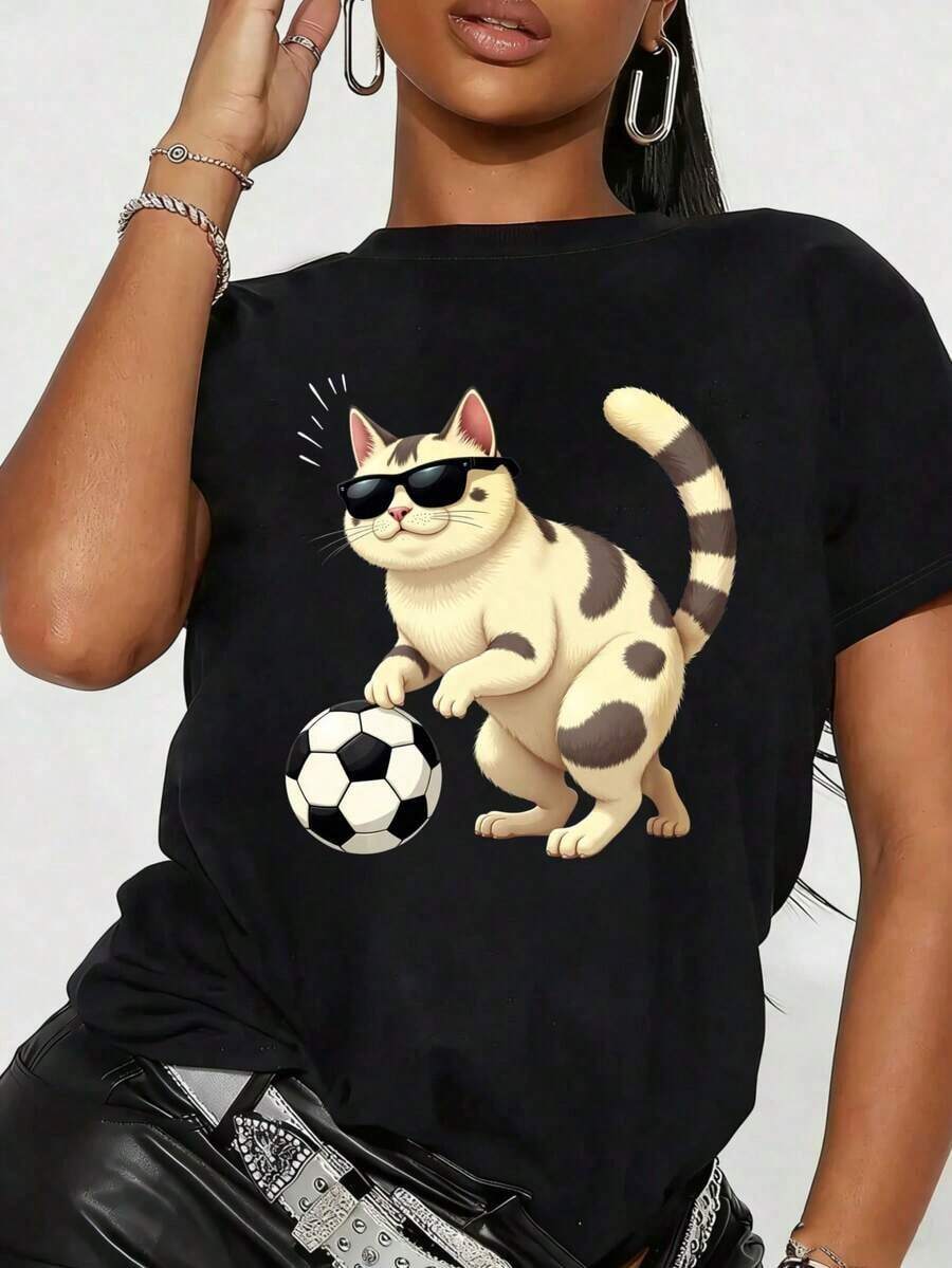 GiftGraphic Graphic Print T-Shirt, Short Sleeve, Round Neck, Casual Top For Summer And Spring, Soft Women's Clothing - 黑色 - 查看 1