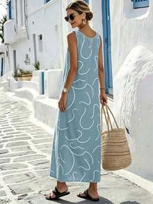 Vestido largo holgado con textura de lino y líneas abstractas para mujer - Azul marino - Ver 8