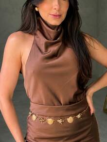 Women's Satin Blouse With High Neck And Open Back, Elegant For Parties - Rust Brown - View 2