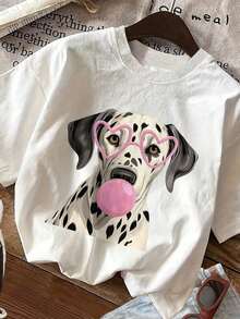 Morbida Pack de 1 camiseta semitransparente para mujer con estampado de cachorro dálmata y burbujas, cuello redondo, manga corta, 100% algodón, top casual para primavera, verano y otoño, lavable a máquina, estilo retro de los 90. - Blanco - Ver 7