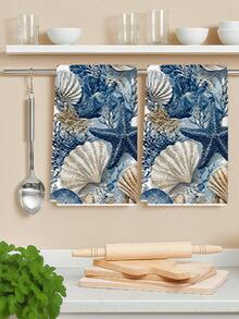 2pcs Coastal Shell & Starfish Watercolor Ocean Nautical Style Kitchen Towels, Can Be Used As Kitchen Hand Towels, Tea Towels, Suitable For Farmhouse Kitchen Home Indoor Tableware Drying - Blue and White - View 5