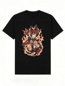 Boys' Soft, Casual Summer Short-Sleeved Crew Neck T-Shirt With Alastor Fire Pattern Print. Suitable For Everyday Wear And Casual Outings. Black - 黑色 - 查看 2