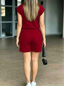 Conjunto de 2 shorts para mujer de unicolor con bolsillo y cordón, ropa de ocio para el hogar, primavera verano rojo - Rojo - Ver 5