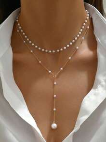 1pc Gold Y-Shaped Multi-Layer Necklace, Adorned With Rhinestones And Faux Pearls, Suitable For Women's Daily Wear, Friendship Gift, Banquet Party (Hand-Cut Chain, Varying Pearl Quantity And Rhinestone Size) - Gold - View 2