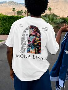 ChristmasFractyr Camiseta Holgada para Hombre con Diseño de Arte Dividido de la Mona Lisa, con Estampado Frontal y Trasero, Camiseta Blanca Suave de Estilo Urbano, Artículo Popular - Blanco - Ver 5