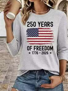 Women's Casual Cotton Round Neck Long Sleeve T-Shirt With American Flag & Freedom Print, Regular Fit Top For Fall Fashion - 灰色 - 查看 6