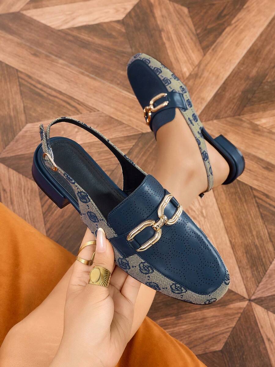 Women's Slingback Round Toe Metal Buckle Backstrap Flat Shoes, Low Block Heel Comfortable Color Block Mule Shoes For Commuting, Party, Holiday - Multicolor - View 1