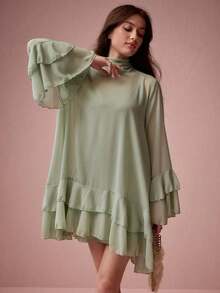 Vestido línea A de unicolor elegante con mangas volantes para mujeres - Burdeos - Ver 11