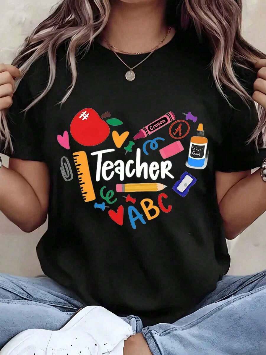 Women's T-Shirt With Teacher Heart Print Featuring Apple, Crayon, Pencil, Glue, Ruler And ABCs, Round Neck, 220g Cotton, Casual Wear, Gift For Teacher, Teacher's Day, Loose Blouse - 黑色 - 查看 1