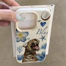 1pc TPU Material Blue Leopard & Ocean Collage Pattern Phone Case, Compatible With Iphone 17 Pro Max/17/16 Pro Max/15/13/12/11, S20 FE/A15/S24/A55, Note 11/12/13 Pro, Full Coverage Anti-Drop Soft Protective Cover - White - View 4