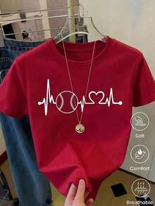 Women's White Baseball Heartbeat Graphic T-Shirt, Minimalist Sports Style Short Sleeve Heart Shirt, Modern Top For Game Fans, Comfortable And Breathable Casual Blouse (Retro Style, Fresh And Cool, Regardless Of Gender) - 紅色的 - 查看 1
